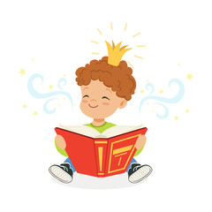 Sweet little boy reading a book and dreaming about fairytale, kids imagination and fantasy, colorful character vector Illustration