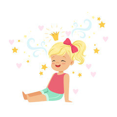 Cute blonde little girl sitting and dreaming about princess, kids imagination and fantasy, colorful character vector Illustration