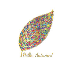 Vector illustration. Single colorful autumn leaf decorated with a gold outline. The pattern is suitable for decorating greeting cards, stickers, stationery.