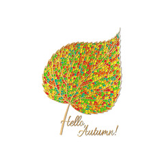 Vector illustration. Single colorful autumn leaf decorated with a gold outline. The pattern is suitable for decorating greeting cards, stickers, stationery.