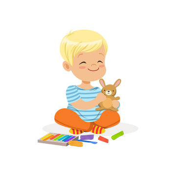 Сute little boy playing with plasticine, kids creativity vector Illustration