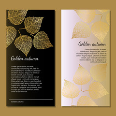 Vector modern floral pattern for design cards, invitations, banners. Beautiful golden autumn leaves on black and white background.