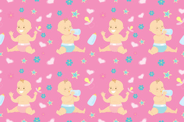 Seamless pattern with cute newborn girl