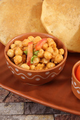 Chole with puri or Chana Masala with Puri Indian Food