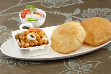 Chole with puri or Chana Masala with Puri Indian Food