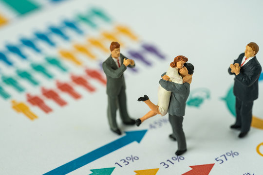 Miniature people with couple standing on printed gender report as couple life style analysis concept