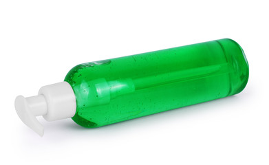 Plastic Bottle with green liquid soap on a white background