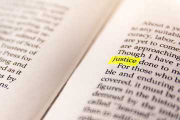 Obraz premium Book Highlighted Word Yellow Fluorescent Marker Paper Old Keyword Justice
