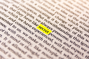Fototapeta premium Book Highlighted Word Yellow Fluorescent Marker Paper Old Keyword Secret