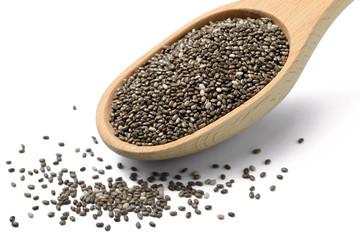 Chia seeds in the wooden shovel, isolated on white