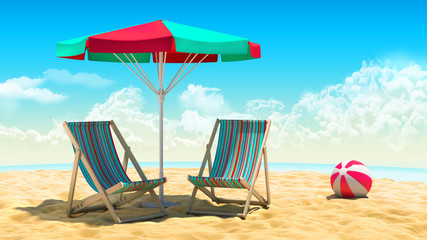 Sandy beach with an umbrella and sun loungers