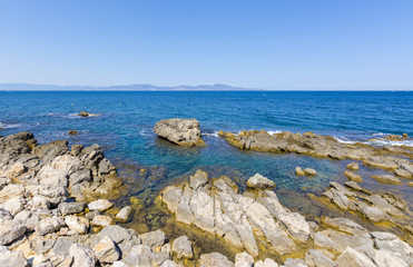 Rocky Mediterranean coast of l'Escala village in Costa Brava, Spain