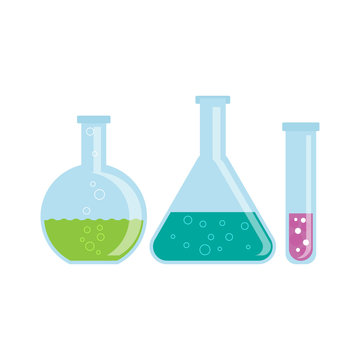Set of glass flasks with chemicals. Vector