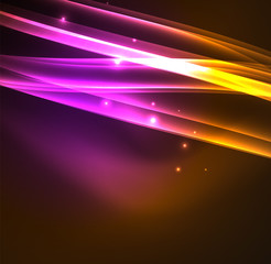 Energy lines, glowing waves in the dark, vector abstract background