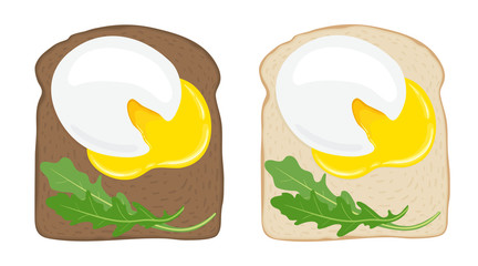 Poached egg toast. Set of 2 delicious poached egg sandwiches with rucola on white and dark bread. Fresh toasted bread with poached egg. Yummy breakfast.