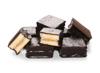 Chocolate cake bars and slices isolated on white background
