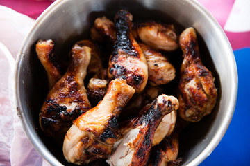 Chicken shashlik on white plate