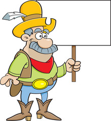 Cartoon illustration of a cowboy holding a sign.