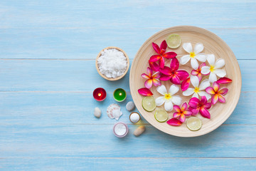 Spa set on blue rustic wooden board background, Beauty and fashion concept, top view , flat lay