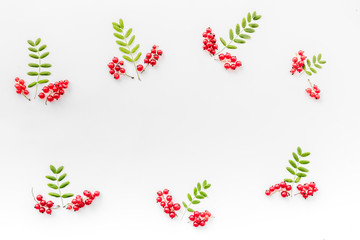 Berry ornament. Red currant and leaves on white background top view copyspace