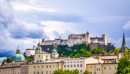 Fototapeta na wymiar Beautiful view of Fortress Hohensalzburg in summer, Salzburg, Salzburger Land, Austria