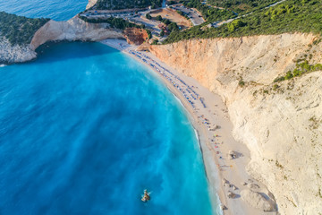 Aerial view of the famous beach of Porto Katsiki on the island of Lefkada in the Ionian Sea in Greece