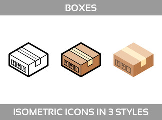 Isometric carton packaging boxes set in three styles with postal signs this side up fragile vector illustration