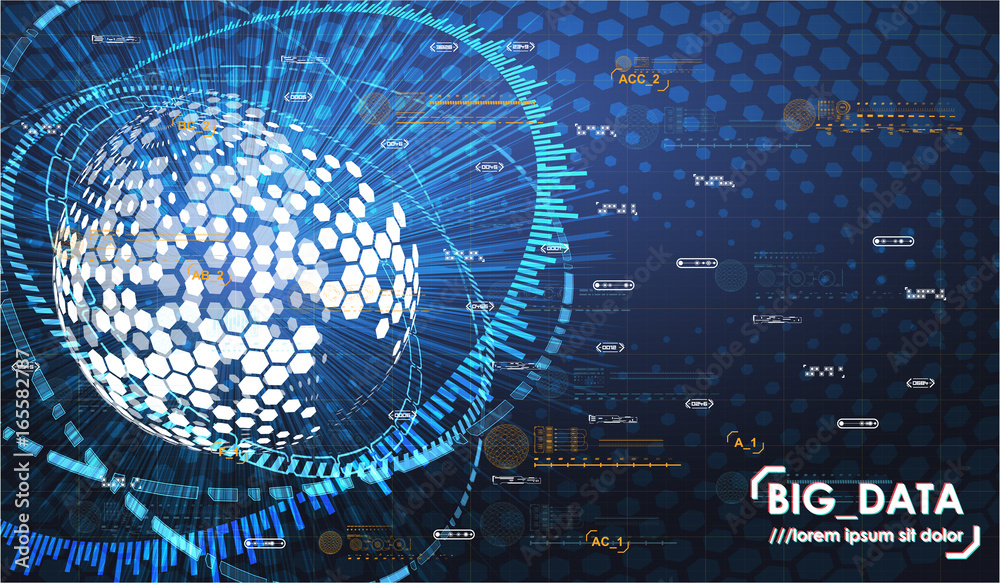 Poster big data abstract visualization. futuristic aesthetic design. big data background with hud elements.