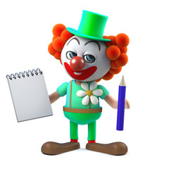 3d Cartoon funny crazy clown character holding a notepad and pencil - 165582776
