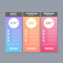 Set of offer tariffs. ui ux vector banner for web app. set of pricing table, order, box, button, list with plan for website in flat design.