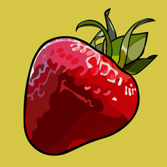 Painted cartoon red strawberry with green leaves