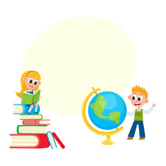 Learning children, girl reading, boy studying globe, back to school, cartoon vector illustration isolated on white background with speech bubble