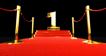 long red carpet between rope barriers with number one on the stair at the end. the first. 1st. black background.