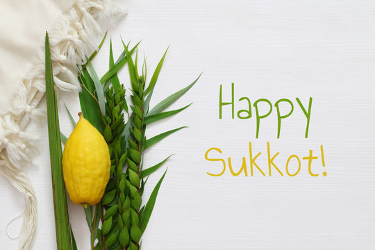 Jewish fall festival of Sukkot. Traditional symbols (The four species): Etrog, lulav, hadas, arava