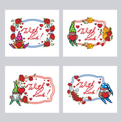 Set of labels with roses, cute gnome holding heart and artistic written text 