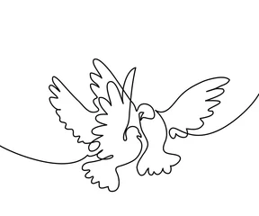Foto op Plexiglas Continuous one line drawing. Flying two pigeons logo. Black and white vector illustration. Concept for logo, card, banner, poster, flyer © Valenty
