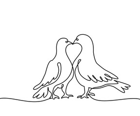 Continuous one line drawing. Two doves logo. Black and white vector illustration. Concept for logo, card, banner, poster, flyer