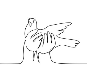 Continuous one line drawing. Pigeon in hands logo. Black and white vector illustration. Concept for logo, card, banner, poster, flyer