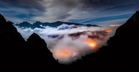 Night viewpoint in the mountains above the clouds in Madeira, Portugal