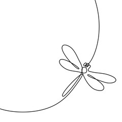 Continuous one line drawing. Flying dragonfly logo. Black and white vector illustration. Concept for logo, card, banner, poster, flyer