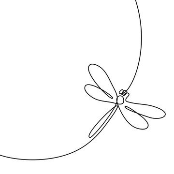 Continuous one line drawing. Flying dragonfly logo. Black and white vector illustration. Concept for logo, card, banner, poster, flyer
