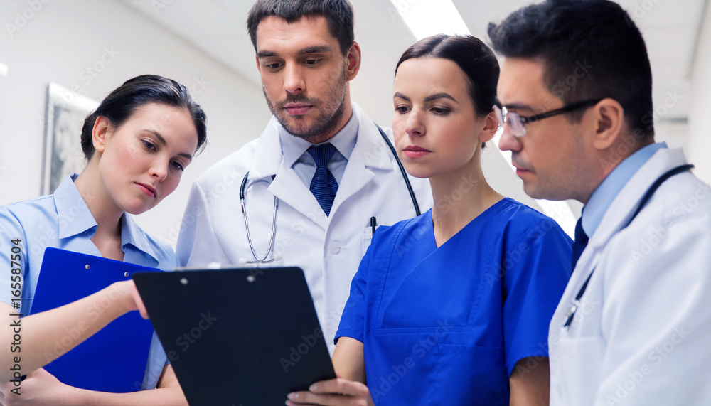 Sticker group of medics with clipboards at hospital