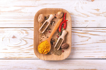 Indian Asian spices and cilantro. Copyspace. Top view