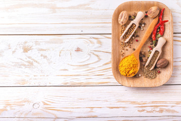 Indian Asian spices and cilantro. Copyspace. Top view