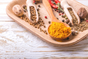 Indian Asian spices and chili. Copyspace. Horizontal view