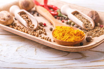 Indian Asian spices and chili. Copyspace. Horizontal view