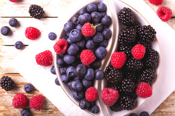 Raspberry, blackberry and blueberry. Healthy food. Top view