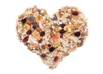 Muesli cereal, seeds, mixed fruit and nuts heart