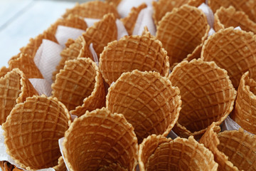 Wafer ice cream cone cornet cups close up