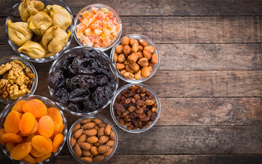 Dried fruits and nuts in the bowl 